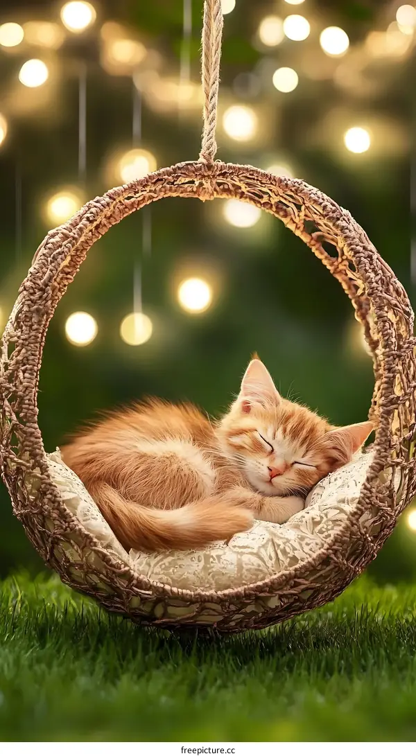 Cute Ginger Kitten Sleeping in a Hanging Nest