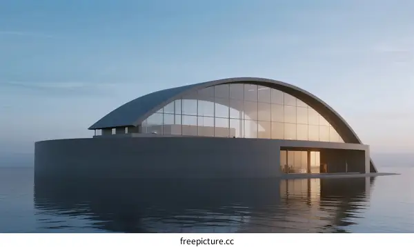 Futuristic Floating Dome Building with Glass Facade Over Water