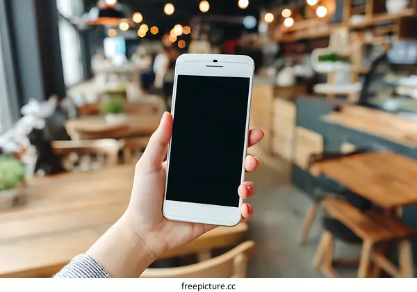 Woman holding a smartphone in a cafe
