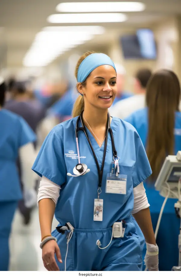 A smiling female nurse wearing blue scrubs walks through a busy hospital hallway