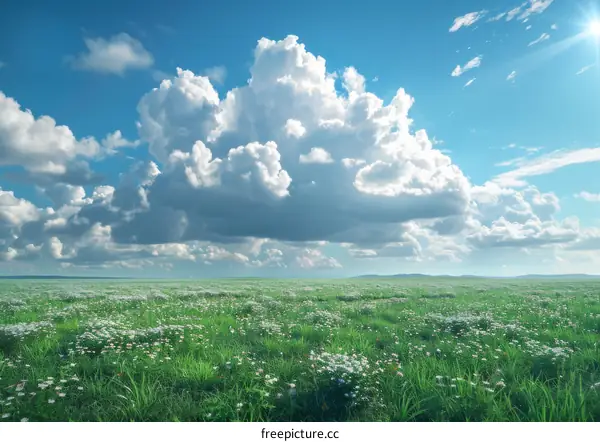 Picturesque Green Field With White Daisy Flowers and Blue Sky