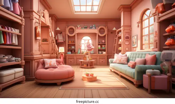 Cozy pink living room with a sofa, rug, pillows, and shelves
