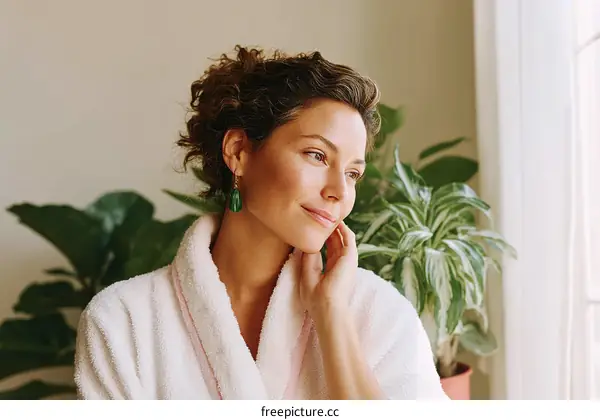 Woman Relaxing by the Window in a Bathrobe