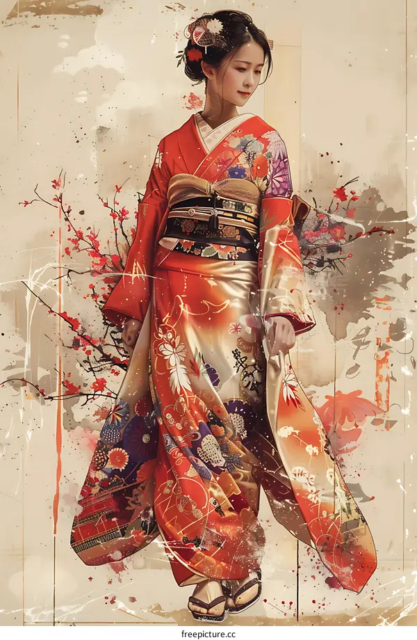 An illustration of a Japanese woman wearing a kimono with a floral pattern and a red obi.