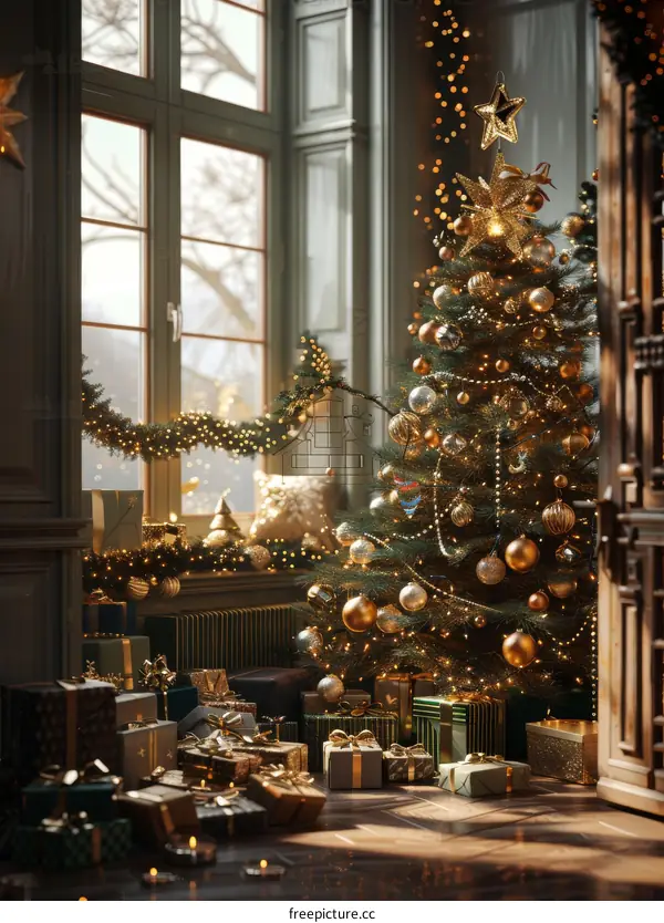 A Luxurious Christmas Interior Scene with Decorated Tree and Presents