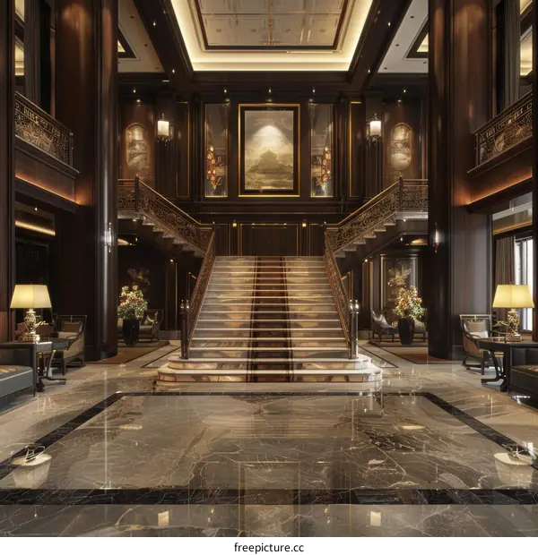 Majestic Staircase in Upscale Hotel Lobby
