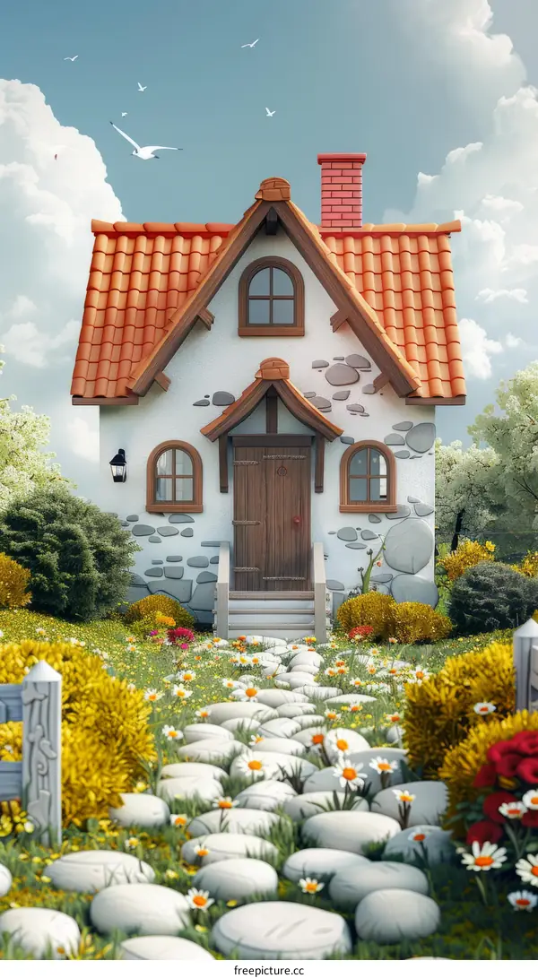 Small cottage house in the middle of a lush green field