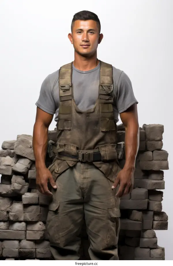 Hispanic construction worker in front of bricks
