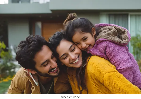 Happy Family Outdoors in Front of Home