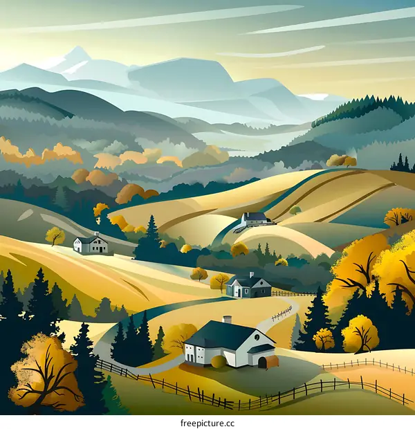 Autumn Landscape with Rolling Hills and Houses