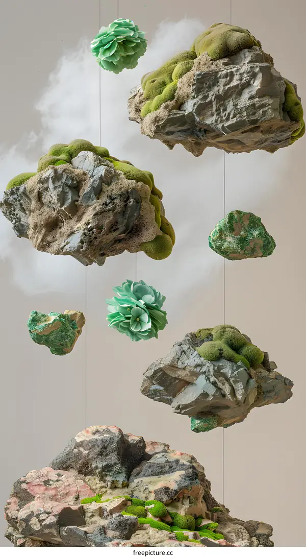 Floating Moss Covered Rocks  and Flowers in a Minimalist Art Installation