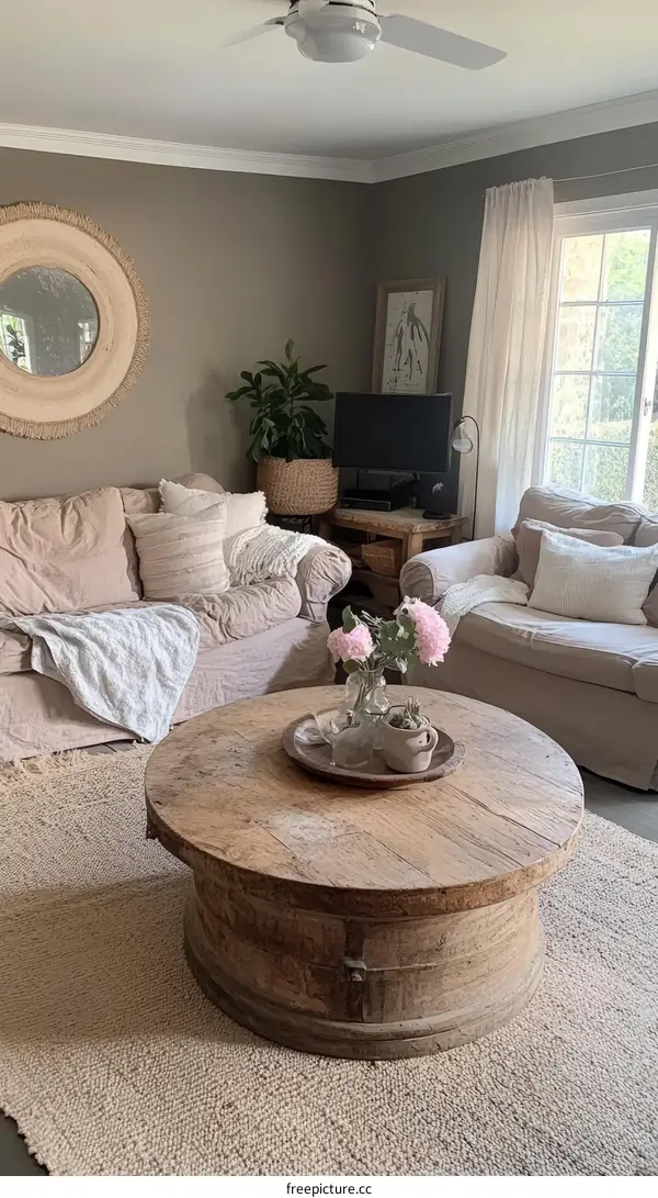 Cozy Living Room with Vintage Wooden Coffee Table