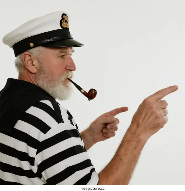 Elderly man in sailor's outfit pointing with pipe in mouth