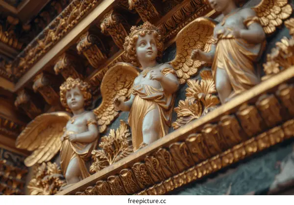 Three-dimensional relief of cherubs with wings and flowers