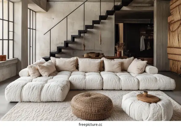 Modern Minimalist Cream Sectional Sofa in Industrial Loft Style