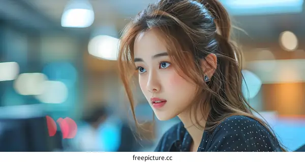 Asian Woman with Blue Eyes and Black Hair Posing in Office Setting