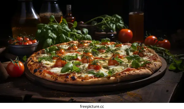 Freshly Baked Pizza with Tomatoes, Basil, and Mozzarella