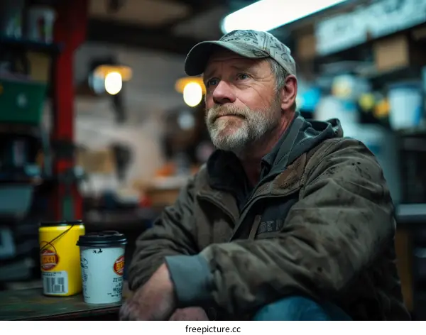Portrait of a pensive man in a workshop