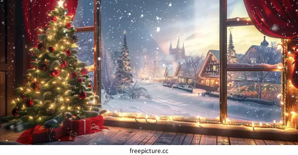 Snowy Christmas Village Scene with Decorated Tree by Window