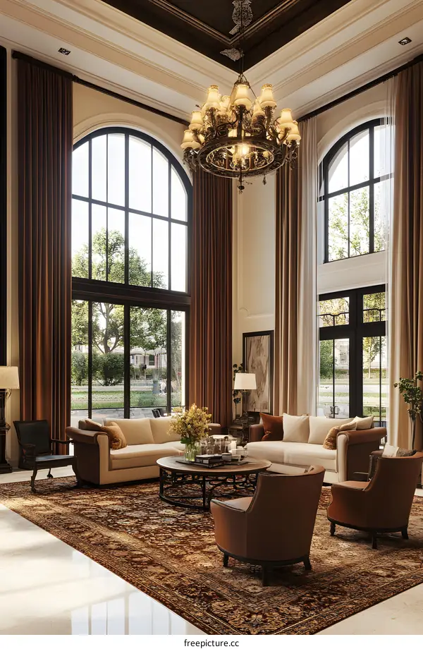 Luxury Living Room Interior Design With Large Windows And Chandelier