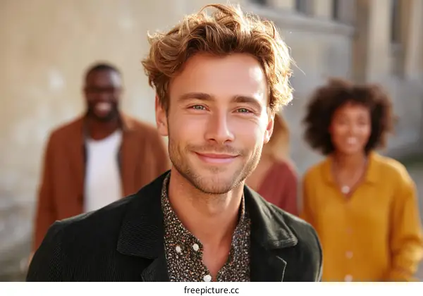 Smiling Man in Urban Setting with Friends