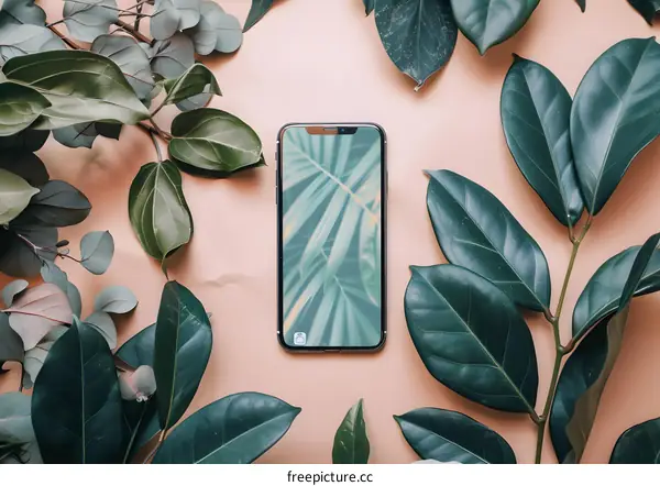 Flat Lay Phone with Green Leaves