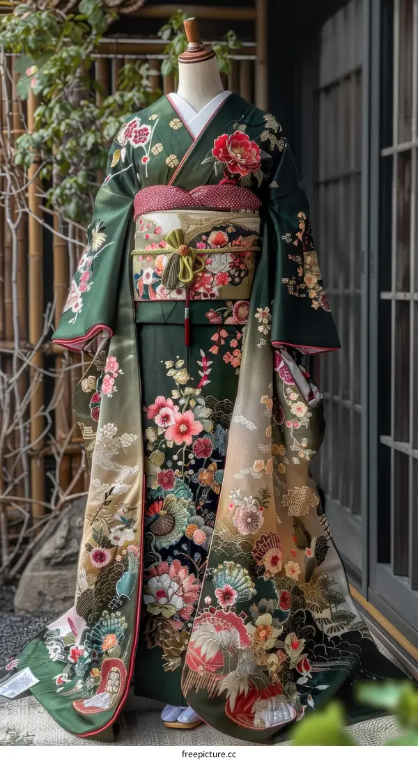 A kimono with a floral pattern and a trailing hem