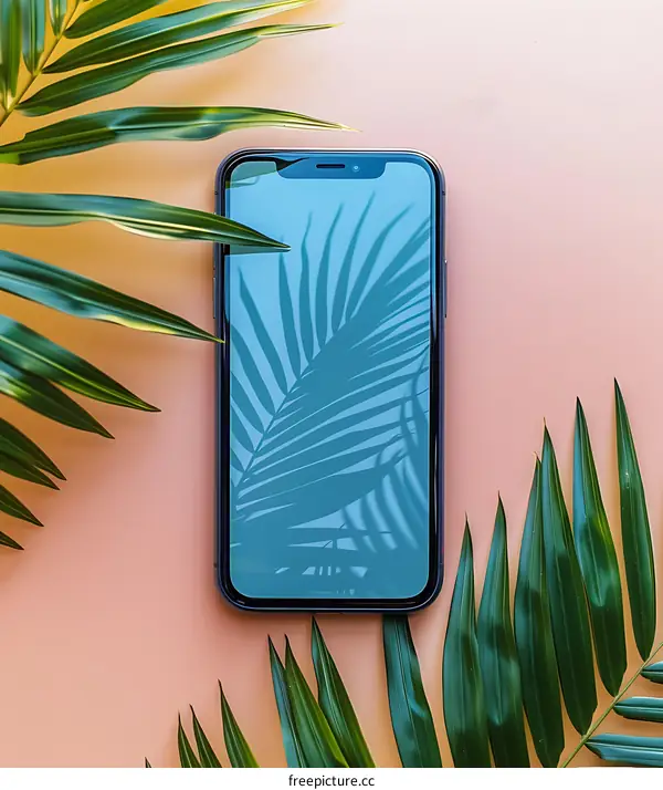 Palm Leaves and Phone on Pink Background