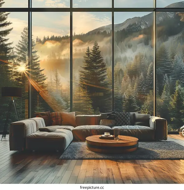 Modern living room interior with large windows and beautiful forest view
