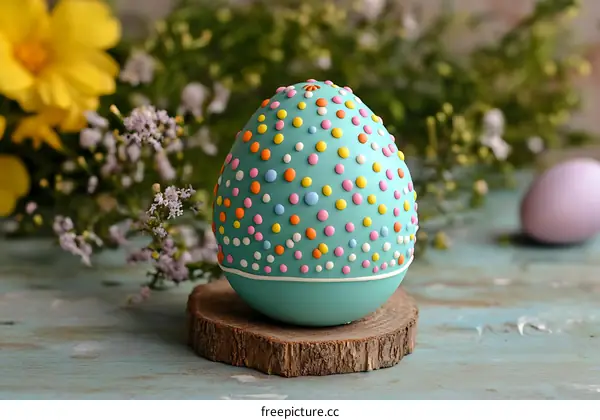 Decorated Easter Egg on Wooden Slice