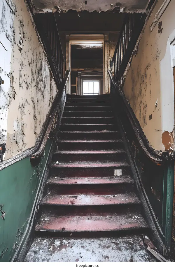 Old Abandoned House Interior Staircase with Peeling Paint