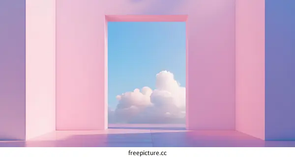 Pink Wall Minimalist Room With Window To Blue Sky And Clouds