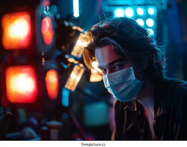 Portrait of a young man wearing a mask in a club