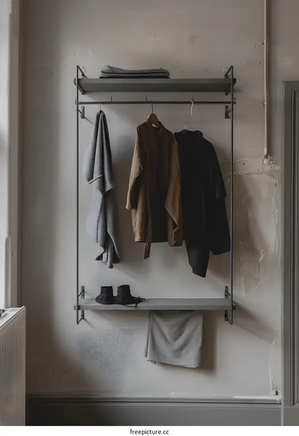 Minimalist Wall Mounted Clothes Rack With Shelf And Hanging Clothes