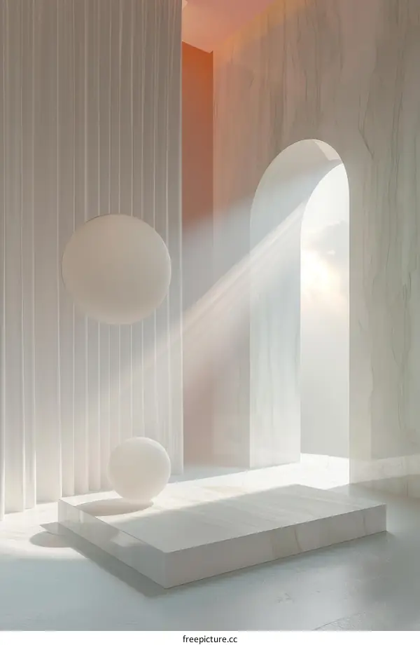 3D rendering of a minimalist room with a large archway and a podium in the foreground