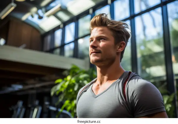 Handsome man with blonde hair looking away from the camera in a sunny room