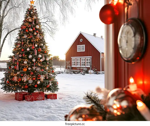 Snowy Christmas Decorated Tree and Red House
