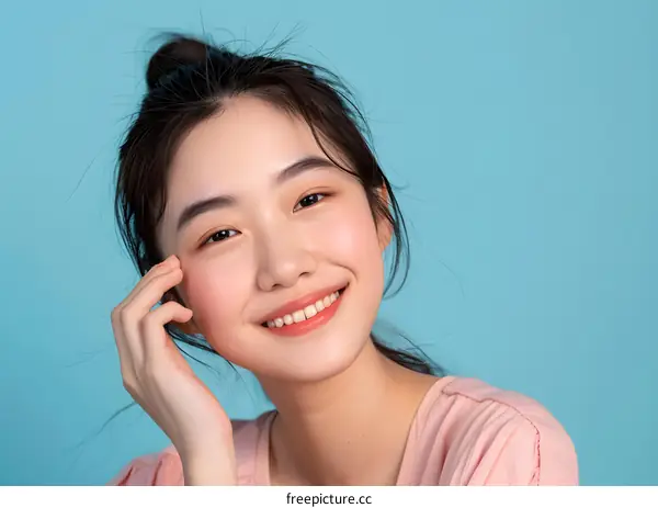 Smiling Asian Woman with Pink Top on Blue Background