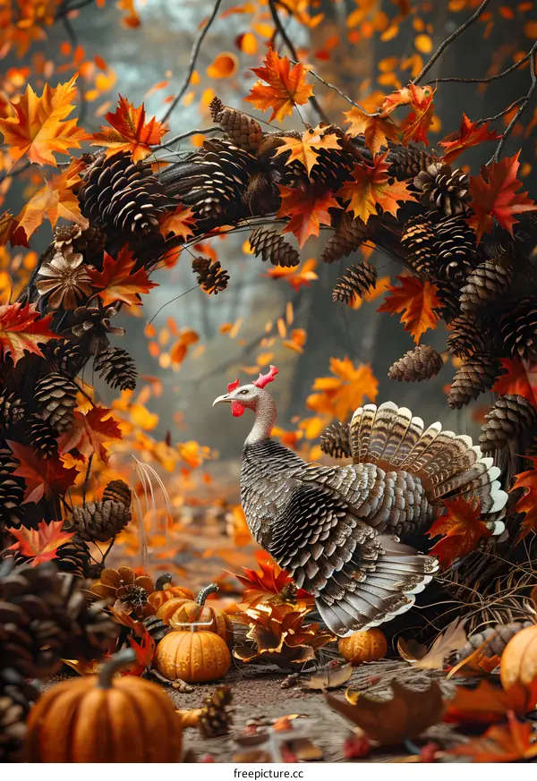 Wild Turkey in Autumn Leaves and Gourds