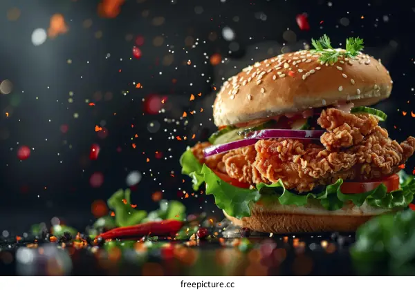 Crispy fried chicken sandwich with lettuce, tomato, onion, and pickles
