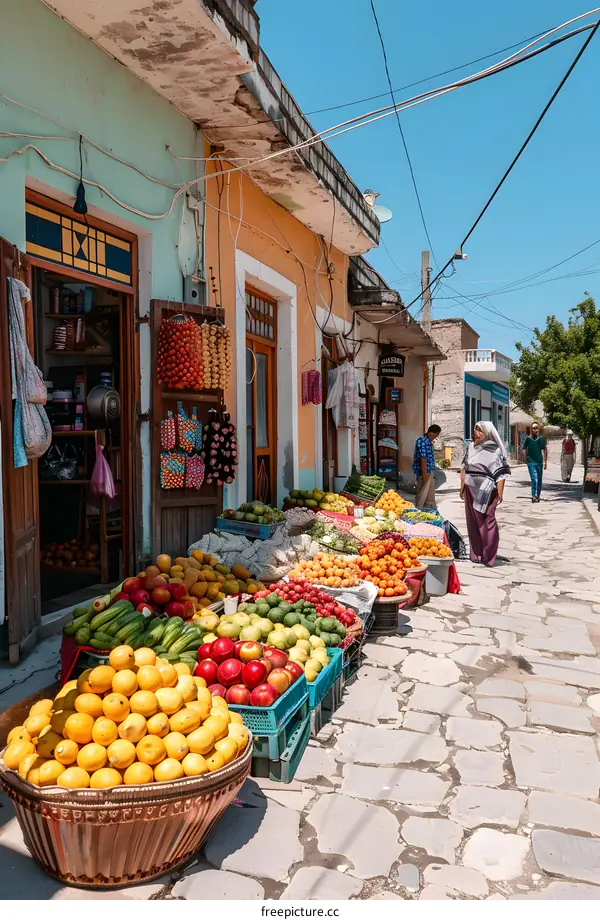 Fresh Fruit Market Stall In A Narrow Street In An Asian Village