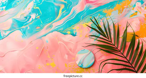 Abstract Background with Palm Leaf and Blue and Pink Swirls