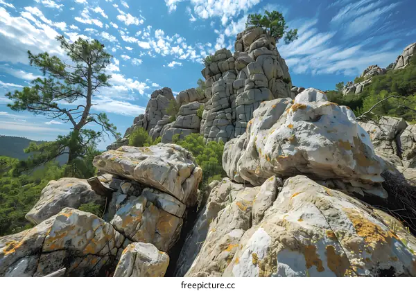 Huge rocks in a forest with green trees and blue sky