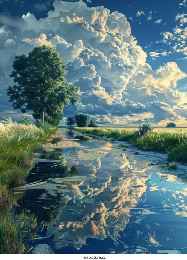 Reflective Serenity: Blue Sky, White Clouds, and Tranquil Waters