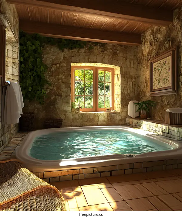 Stone Wall Bathroom With Hot Tub And Window