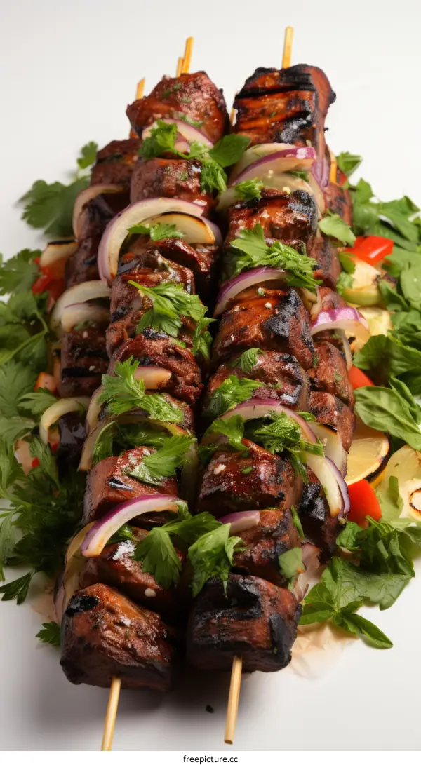 Beef shish kebabs with grilled vegetables and herbs