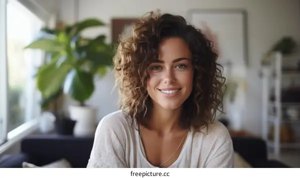 Portrait of a smiling young woman with curly hair