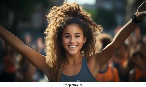 Cheerful young woman with curly hair celebrating her victory