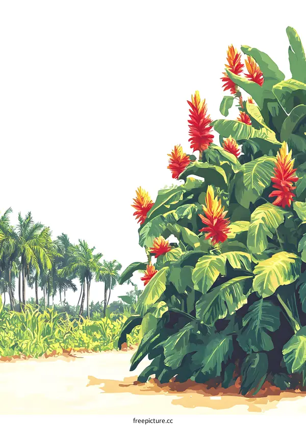 Tropical Landscape Illustration with Red Flowers and Palm Trees