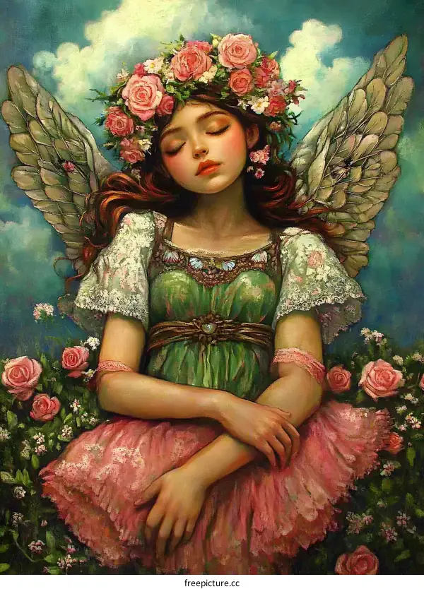 Sleeping Angel with Wings and Roses